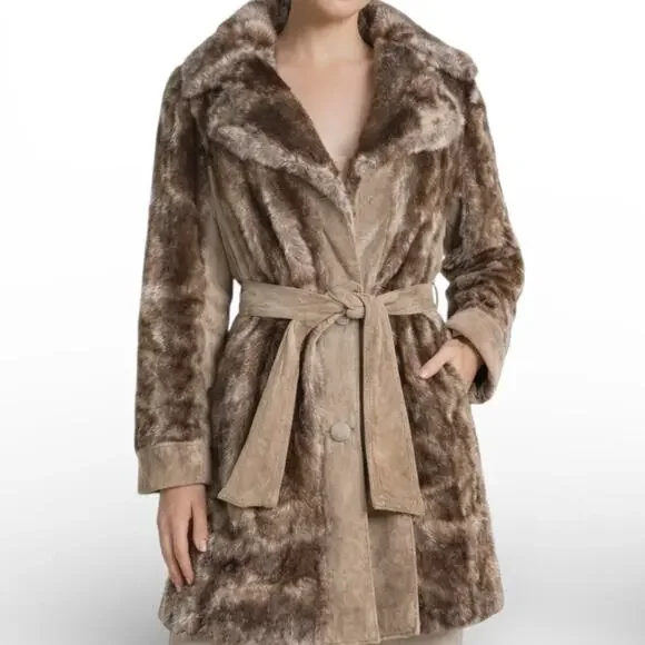 Vintage 70s Tocci England Faux Fur Suede Leather Belted Coat Burgundy Lined - Picture 1 of 16